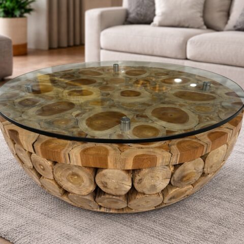 Okrągły stolik z drewna teak i szkła - meble z Indonezji