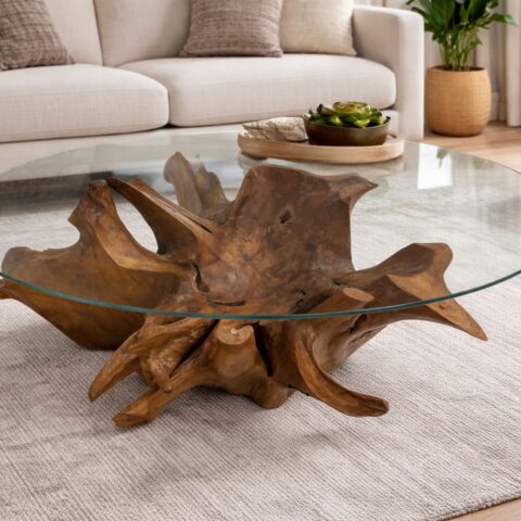 Unikatowy stolik z naturalnego drewna teak.